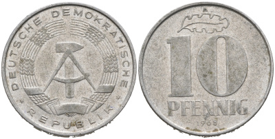 ГДР 10 пфеннигов 1968 A KM 10 алюминий 75-1136