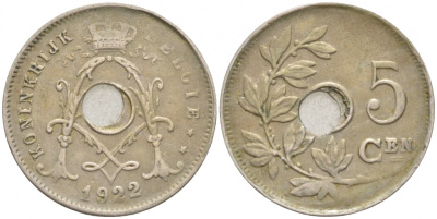 БЕЛЬГИЯ 5 САНТИМОВ 1922 BELGIE KM 67 медно-никель 4549-1136