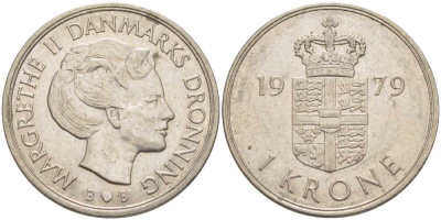 Дания 1 крона 1979 S; B, Маргрете II (1972-) KM 862.1 медно-никель 4388-656