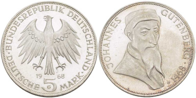ФРГ 5 марок 1968 G, 500 лет со дня смерти Иоганна Гутенберга KM 122, J. 397 серебро 180-1015