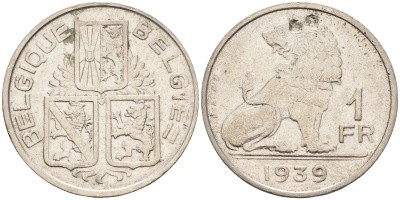 Бельгия 1 франк 1939 Леопольд III (1934-1950), Belgique-Belgie, лев KM 119 никель 4589-811