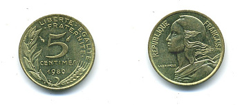 ФРАНЦИЯ 5 САНТИМОВ 1980 ТИП MARIANNE KM 933 медь алюминий никель 84-1543
