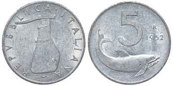 Италия 5 лир 1952 R, плуг, дельфин KM 92 алюминий 4596-421