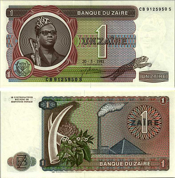 Заир 1 заир 1981 Мобуту Сесе Секо, бивни слона, фабрика Pick 19b бумага UNC (пресс) 7214-60-2-2