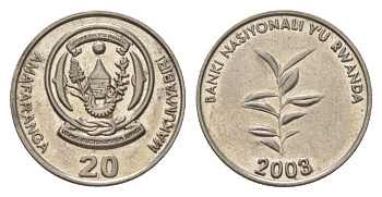 Руанда 20 франков 2003 KM 25 сталь плакированная никелем aUNC 4627-727