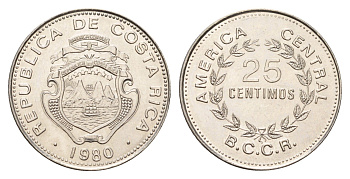 Коста-Рика 25 сентимо 1980 KM 188.1a сталь плакированная никелем UNC 4674-968