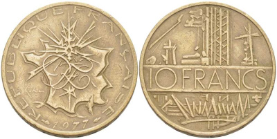 Франция 10 франков 1977 тип Матье KM 940, Le Franc 365.9-10 никель латунь 111-1011