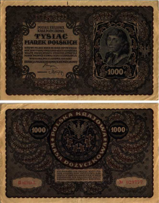 ПОЛЬША 1000 МАРОК 1919 23 АВГУСТА 1919, ТРЕТИЙ ВЫПУСК, ПОРТРЕТ КОСТЮШКО Pick 29 бумага VF 8607-20-1