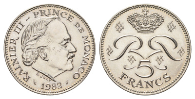 Монако 5 франков 1982 Ренье III (1949-2005) KM 150 медь плакированная никелем UNC 4660-937