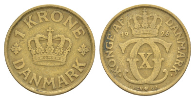 Дания 1 крона 1926 HCN, Кристиан X (1912-1947) KM 824 алюминиевая бронза 4638-644