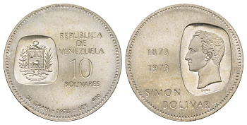Венесуэла 10 боливаров 1973 100 лет изображению на монетах бюста Симона Боливара Y 45 серебро BU 413-3913