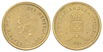 Нидерландские Антильские острова (Нидерландские Антилы) 1 гульден 1991 Беатрикс (1980-2013) KM 37 сталь плакированная бронзой 4624-512