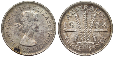 Австралия 3 пенса 1958 m, Елизавета II (1952-2022) KM 57 серебро 71-164