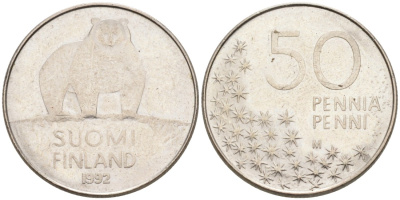 Финляндия 50 пенни 1992 M, полярный медведь KM 66 медно-никель 192-1055