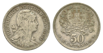 Португалия 50 сентаво 1960 голова Свободы вправо KM 577 никель латунь 4659-642