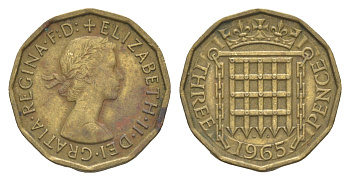 Великобритания 3 пенса 1965 Елизавета II (1952-2022) KM 900, Spink 4153 никель латунь 4571-1114