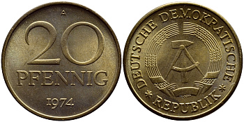 ГДР 20 пфеннигов 1974 А KM 11 латунь UNC 54-2215
