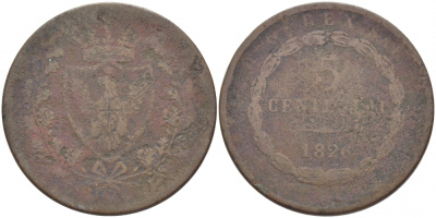 ИТАЛИЯ 5 ЧЕНТЕЗИМО 1826 ПРОВИНЦИЯ САРДИНИЯ KM 100.1 медь 4448-414
