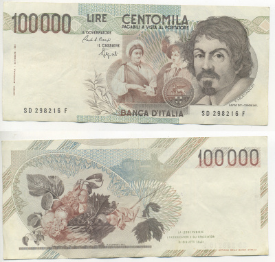 Италия 100000 лир 1983 Караваджо, фруктовый букет, подпись Speziali Pick 110b бумага 7220-15-3