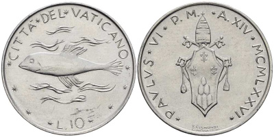ВАТИКАН 10 ЛИР 1976 ГОД XIV, ПАВЕЛ VI (1963-1978), РЫБА KM 119 алюминий 4519-244