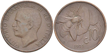 ИТАЛИЯ 10 ЧЕНТЕЗИМО 1935 R, МОНДВОР РИМ, ВИКТОР ЭММАНУИЛ III (1900-1946) KM 60 медь 4525-325