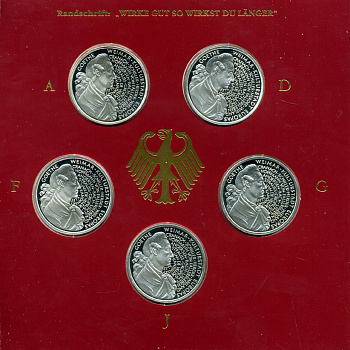 ФРГ набор из 5 штук по 10 марок 1999 A, D, F, G, J, 250 лет со дня рождения Иоганна Гете KM 197 серебро PROOF 6-5-2-6