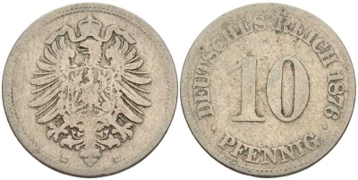 ГЕРМАНИЯ 10 ПФЕННИГОВ 1876 E, СТАРОГЕРБОВКА KM 4, J. 4 медно-никель 4401-322
