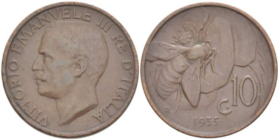 ИТАЛИЯ 10 ЧЕНТЕЗИМО 1935 R, МОНДВОР РИМ, ВИКТОР ЭММАНУИЛ III (1900-1946) KM 60 медь 4525-325