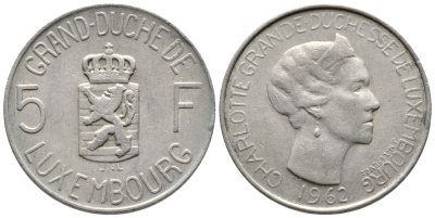 Люксембург 5 франков 1962 Великая герцогиня Шарлотта (1919-1964) KM 51 медно-никель 4364-1133