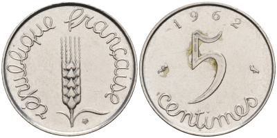 Франция 5 сантимов 1962  KM 927 хромированная сталь    4152-1216