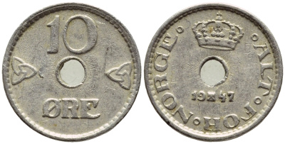 НОРВЕГИЯ 10 ЭРЕ 1947 ХОКОН VII (1905-1957) KM 383 медно-никель 4396-369