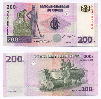 КОНГО 200 ФРАНКОВ 2000 (2006) СЕРИЯ N-A Pick 95A бумага UNC (ПРЕСС) 7222-58-3