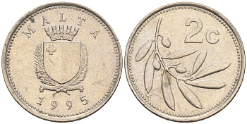 Мальта 2 цента 1995 оливковая ветвь KM 94 медно-никель 188-1145