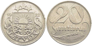 Латвия 20 сантимов 1922 первая Республика (1918-1939) KM 5 никель 119-151