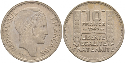 Франция 10 франков 1949 тип Пьер Турин KM 909.1, LE FRANC 362.6 медно-никель 186-353