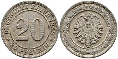 ГЕРМАНИЯ 20 ПФЕННИГОВ 1888 A KM 9.1 медно-никель 89-1612