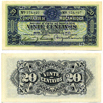 Мозамбик, Португальский 20 сентаво 1933 25 ноября 1933, перфорация PAGO 5.11.1942 Pick R29 бумага аUNC 7457-26-2-1