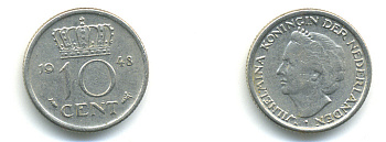 Нидерланды 10 центов 1948 Вильгельмина (1895-1948) KM 177 никель 83-955