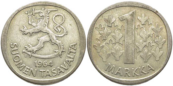 ФИНЛЯНДИЯ 1 МАРКА 1964 S KM 49 серебро 113-236