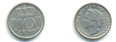Нидерланды 10 центов 1948 Вильгельмина (1895-1948) KM 177 никель 83-955