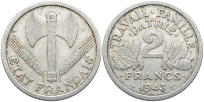 Франция 2 франка 1943 правительство Виши KM 904.1, LE FRANC 270.2 алюминий 109-1216
