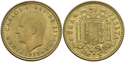 Испания 1 песета 1975 (77) Хуан Карлос I (1975-2014) KM 806 алюминиевая бронза 4604-236