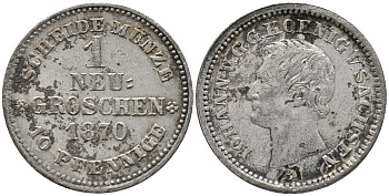 САКСОНИЯ 1 ГРОШ НОВЫЙ 1870 В, ЙОХАНН (1854-1873) KM 1221 серебро 116-825