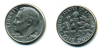 США 10 центов (дайм) 1986 D, Франклин Рузвельт KM 195а медь плакированная медно-никелем 46-2444