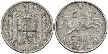 Испания 10 сентимо 1941 Франсиско Франко (1939 - 1975) KM 766 алюминий 4155-216