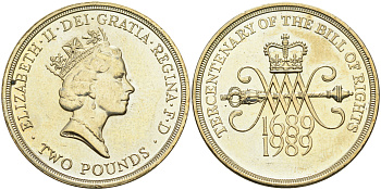 Великобритания 2 фунта 1989 Елизавета II (1952-2022), 300 лет "Биллю о правах" Англии KM 960, Spink 4313 никель латунь UNC 4565-142
