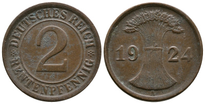 ГЕРМАНИЯ 2 РЕНТЕНПФЕННИГА 1924 A KM 31, J.307 бронза 86-1157