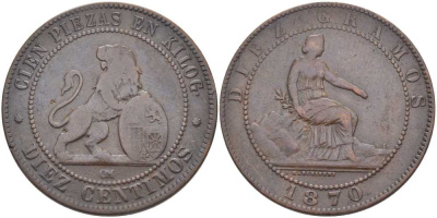 Испания 10 сентимо 1870 ОМ, лев со щитом KM 663 (Y54) медь 115-921