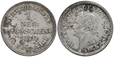 САКСОНИЯ 1 ГРОШ НОВЫЙ 1870 В, ЙОХАНН (1854-1873) KM 1221 серебро 116-825