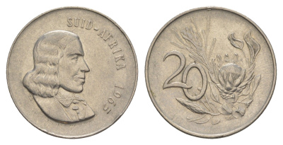 ЮАР 20 центов 1965 Ян ван Рибек (1619-1677), Suid Africa, легенда на африкаанс, цветок протея KM 69.2 никель 4546-711